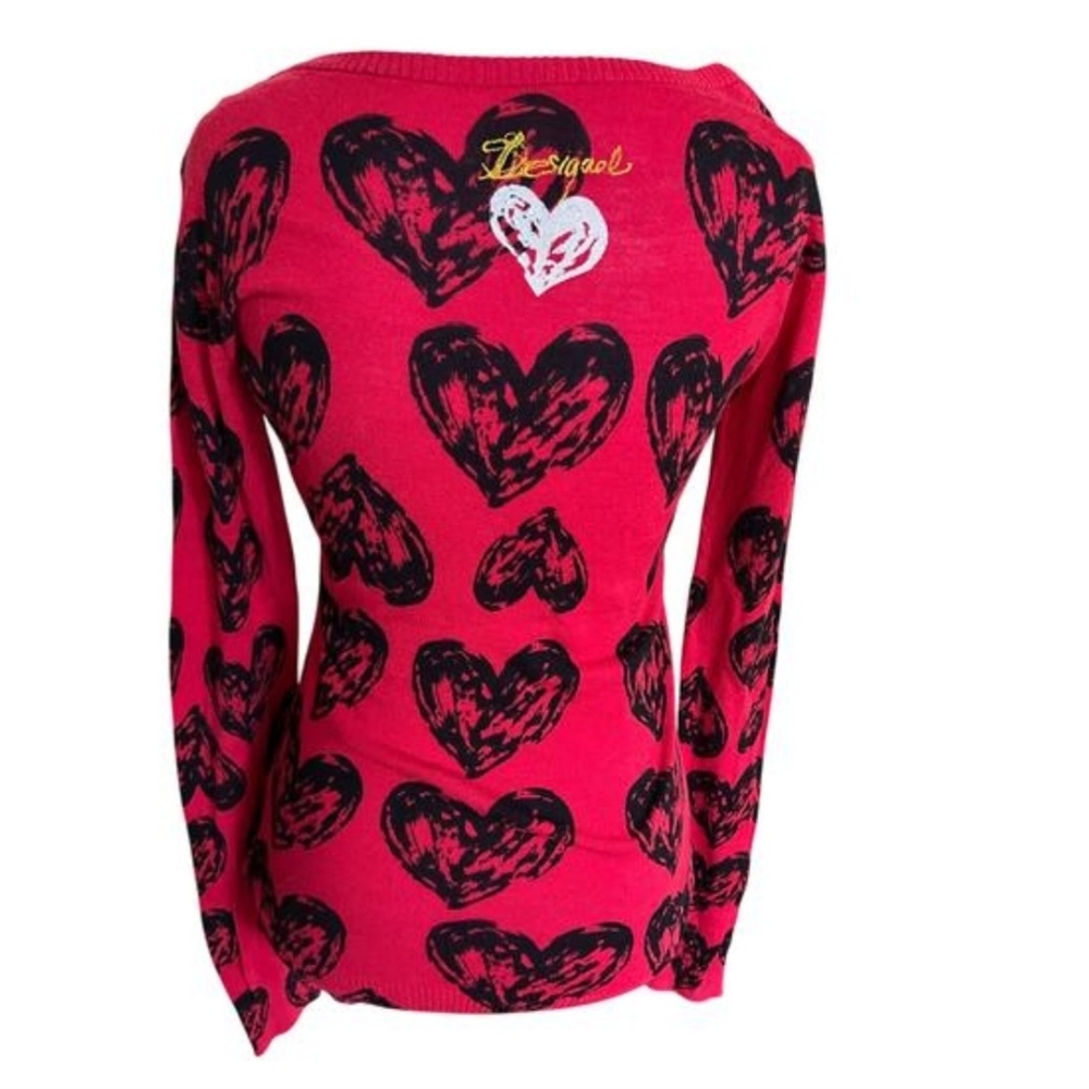 Heart Print Red Women's Long Sleeve Sweater - Picture 2 of 4